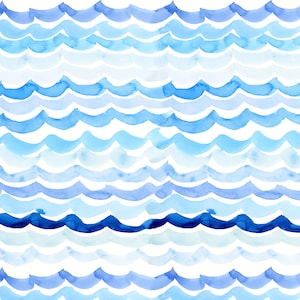 Waves Fabric, Watercolor Coastal, Beach Waves, Cotton Fabric by the Yard