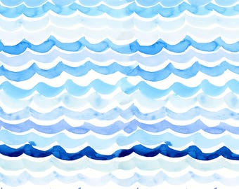 Waves Fabric, Watercolor Coastal, Beach Waves, Cotton Fabric by the Yard