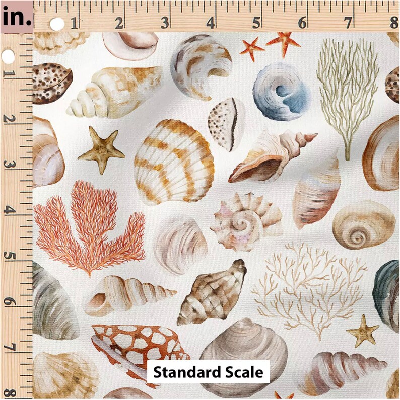 May include: A watercolour pattern of seashells, starfish, and coral in beige, brown, and orange on a white background. The text "Standard Scale" is at the bottom of the image.