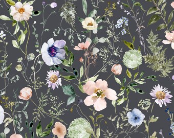 Whimsical Floral Fabric, Pastel Wildflowers, Garden, Girl Nursery, Cotton Fabric by the Yard