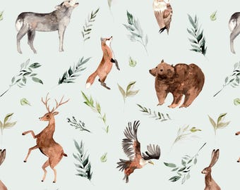 Cute Animal Print Fabric, Gender Neutral Nursery, Woodland, Woods, Nature, Cotton Fabric by the Yard