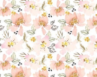 Willow Flowers Fabric, Botanical Floral, Pink and Sage Watercolor, Cotton Fabric by the Yard