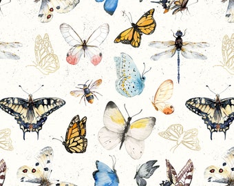 Watercolor Butterfly Fabric, Insects, Cotton Fabric by the Yard