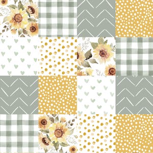May include: A patchwork pattern featuring a variety of designs, including sunflowers, gingham, polka dots, and hearts. The colors are yellow, white, and gray.