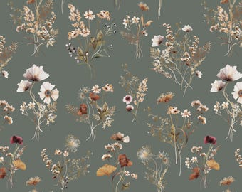 Vintage Floral Fabric, Fall Pressed Wildflowers, Olive Green, Moody Garden, Quilt Cotton, Sateen, Cotton Knit, Home Decor Fabric by the Yard