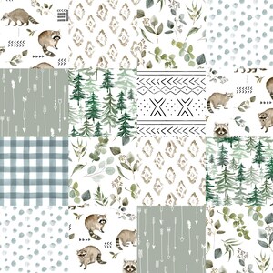 May include: A patchwork design featuring various patterns. The patterns include raccoons, arrows, trees, diamonds, eucalyptus leaves, and a gingham check. The color palette consists of greens, browns, and white, creating a cohesive and natural aesthetic.