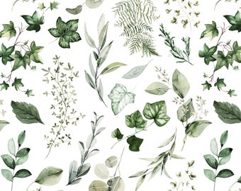 Ivy Garden Fabric, Watercolor Green and Sage Leaves, Cotton Fabric by the Yard
