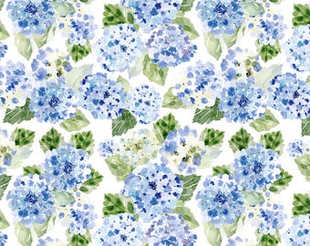 Cottagecore Floral Fabric, Light Blue Hydrangea Flowers, Cotton, Sateen, Cotton Knit, Cotton Spandex, Linen Cotton Canvas Fabric by the Yard