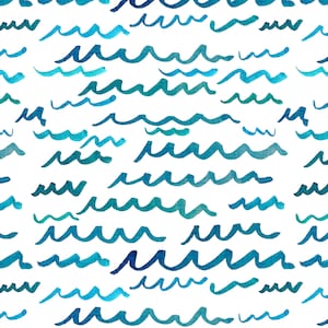 Beach Waves Fabric, Nautical, Ocean Sea, Watercolor, Cotton Fabric by the Yard