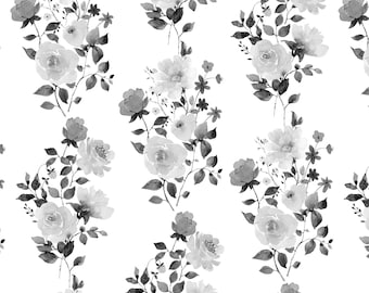 Black and White Floral Fabric, Flower Stripes, Minimalist, Botanical, Quilting Cotton, Sateen, Cotton Knit, Home Decor Fabric by the Yard