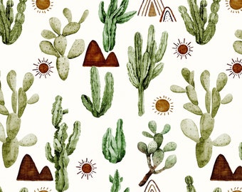 Desert Cactus Fabric, Boho Sonora Sunrise, Kona Cotton, Sateen, Cotton Fleece, Denim Twill Fabric by the Yard
