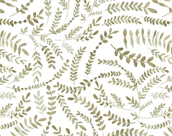 Moss Leaves Fabric, Earth Tone, Rustic, Greenery Sprigs, Woodland, Cotton Fabric by the Yard