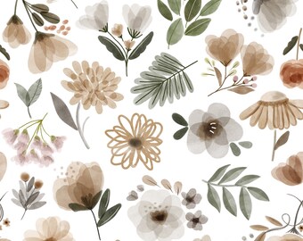 Woodland Floral Fabric, Girl Nursery, Botanical Leaves, Cotton Fabric by the Yard