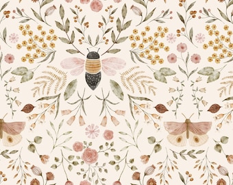 May include: A seamless pattern featuring a bee, butterfly, and various flowers in shades of pink, brown, and yellow on a cream background.