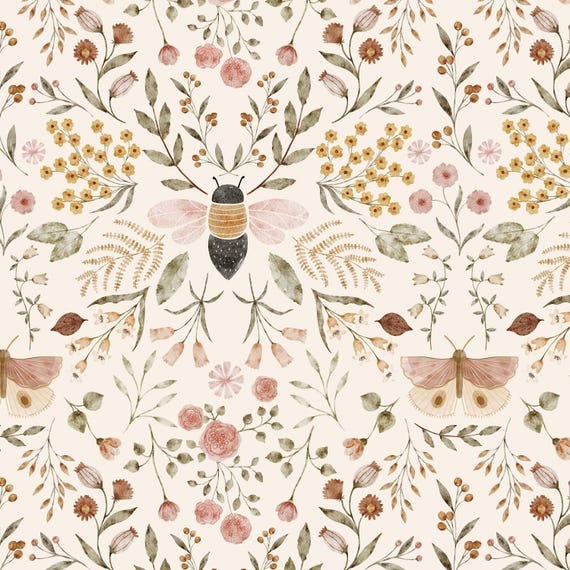Vintage Bee and Floral Fabric, Honey Bloom Flowers, Kona Cotton, Sateen, Cotton Knit, Cotton Spandex, Linen Cotton Canvas Fabric by the Yard
