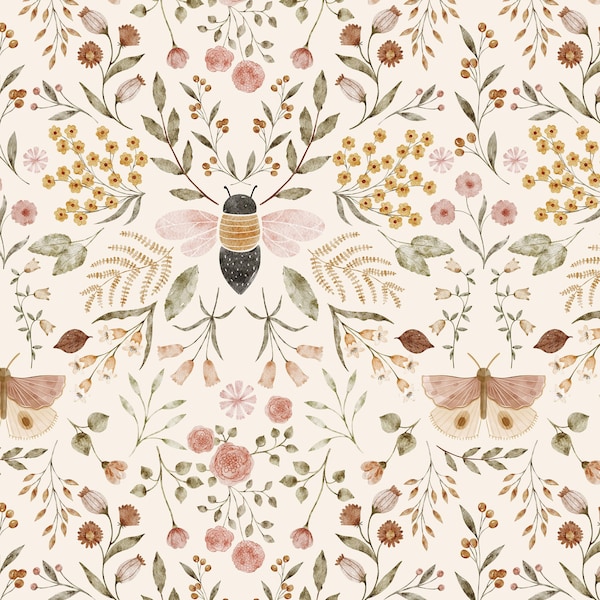 Vintage Bee and Floral Fabric, Honey Bloom Flowers, Kona Cotton, Sateen, Cotton Knit, Cotton Spandex, Linen Cotton Canvas Fabric by the Yard