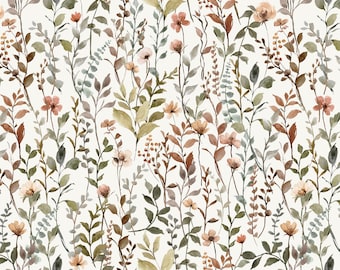 May include: A seamless pattern featuring delicate watercolor illustrations of various brown and green leaves and flowers on a white background.