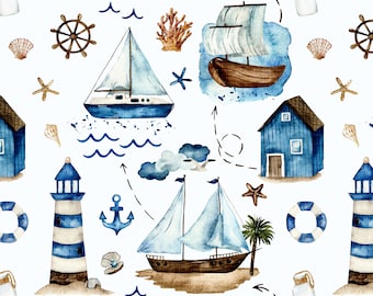 Sailing Adventures Fabric, Watercolor Boats and Ocean, Cotton Fabric by the Yard