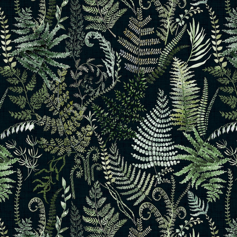 May include: A dark background is patterned with a variety of green and white ferns. The ferns are depicted in different sizes and styles, some as detailed illustrations, others more abstract. The design creates a dense, botanical pattern.