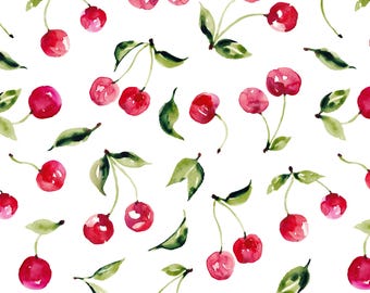 Cherry Fruit Fabric , Watercolor Cherries, Summer Food, Cotton Fabric by the Yard