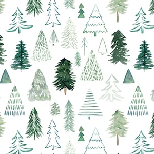 Nordic Forest Fabric, Cute Watercolor Evergreen, Woodland, Cotton Fabric by the Yard