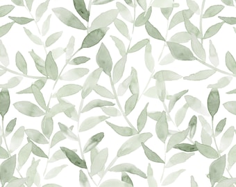 Sage Greenery Fabric, Botanical Leaves, Pale Green, Cotton Fabric by the Yard