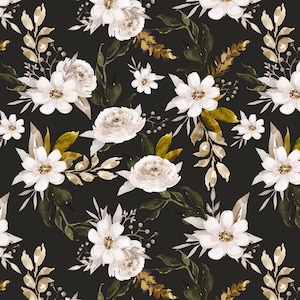 Dark Floral Fabric, Moody Watercolor Floral, Botanical, Cotton, Sateen, Cotton Knit, Cotton Spandex, Canvas Fabric by the Yard