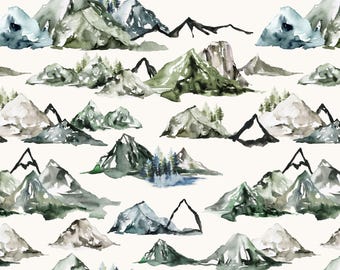 Mountain Fabric, Watercolor Mountains, Hiking, Woods, Woodland, Winter, Cotton Fabric by the Yard