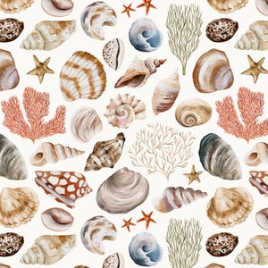 May include: A watercolour illustration featuring a pattern of seashells, starfish, and coral on a cream backdrop. The seashells are in shades of brown, tan, and white, with detailed patterns. The starfish are orange, and the coral is reddish-brown and green.