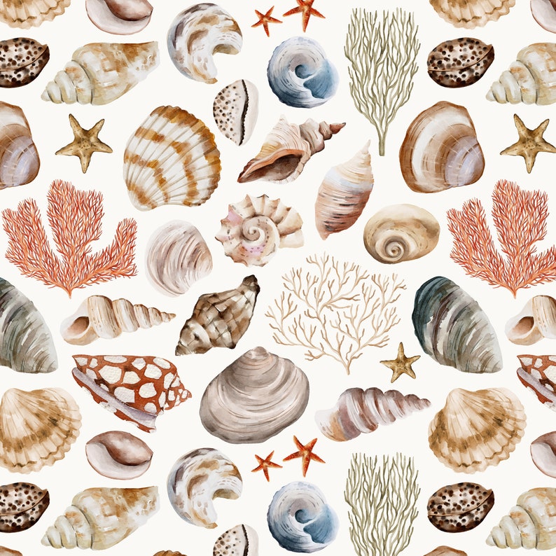 May include: A watercolour illustration featuring a pattern of seashells, starfish, and coral on a cream backdrop. The seashells are in shades of brown, tan, and white, with detailed patterns. The starfish are orange, and the coral is reddish-brown and green.