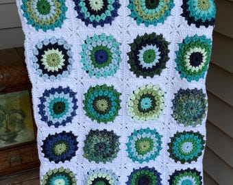 Blue and Green Blossoms Handmade Crochet Blanket
