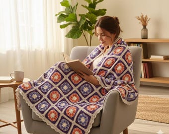 Handmade Crochet Granny Square Blanket, Afghan Flower Motif, TV Blanket