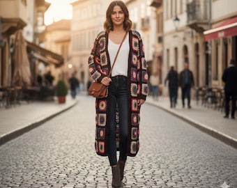 Handmade Crochet Granny Square Cardigan:Boho Scarf Coat