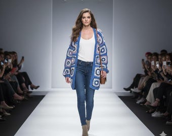 Handmade Crochet Granny Square Cardigan, Blue Bohemian Knit Jacket