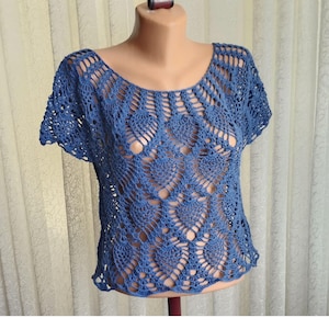 Women’s Crochet Top,Handmade crochet blue blouse,Blue Crochet Top