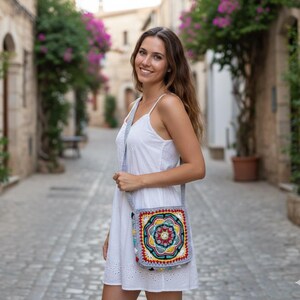 Handmade Crochet Mandala Bag, Boho Patchwork Shoulder Bag