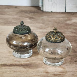 Antique Glass Inkwell Set of 2 with Ornate Brass Lids, Heavy Patina, Victorian Desk Decor, French Antique Ink Pots