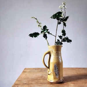 Pitcher Vase Signed French Pottery from Sadirac France – Vintage Ceramic Jug Vase Rustic Farmhouse Decor Soliflore Stoneware