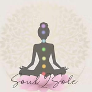 May include: A dark silhouette of a person in a seated meditation pose with seven coloured circles representing chakras aligned vertically along the spine. The figure sits on a pink lotus flower, with the text Soul 2 Sole written in black script.