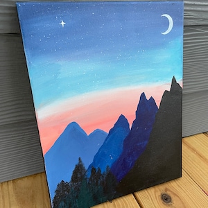 Acrylic Painting, Blue Mountains and Forest at Sunset, 11&quot; X 14&quot; Canvas