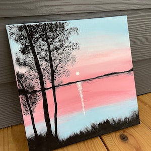Acrylic Landscape Painting Pink Sunset on Water 12 X 12 Canvas Hand ...