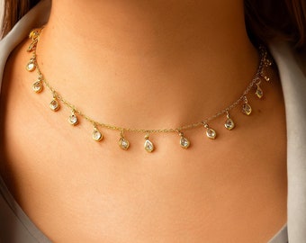 Chloe, 18K Gold Filled Necklace, Cubic Zirconia Teardrop Charms Necklace, Bridal Jewelry