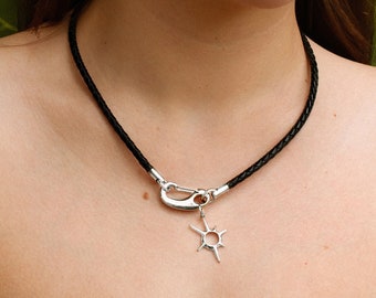 Braided Leather Necklace: 18k Gold/Silver Clasp, Sun Pendant