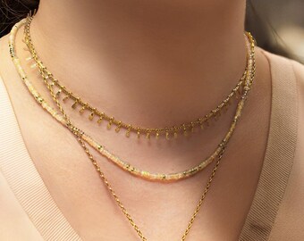 Opal Beaded Necklace: 18K Gold Plated Sterling Silver, Dainty Gemstone