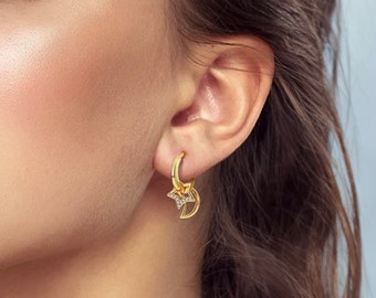 Star Huggie Earrings: 925 Sterling Silver, 18K Gold Plated, Astronomy Jewelry