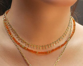 Carnelian Gemstone Necklace: 18K Gold Plated Sterling Silver Beaded Chain