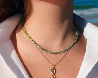 Peridot & Sky Blue Topaz Necklace: 18K Gold Plated Sterling Silver