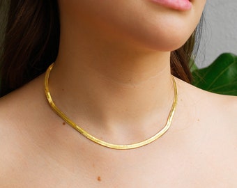 18K Gold Filled Herringbone Chain Necklace - Minimalist Snake Chain