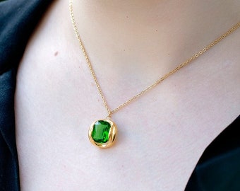 Emerald Green Pendant Necklace: 18K Gold Plated Stainless Steel