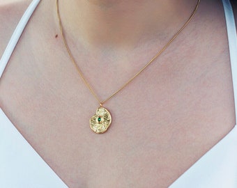 Catalonia, 18K Gold Plated 316 Stainless Steel Necklace, Irregular Medallion, Water Resistant, Tarnish Resistant